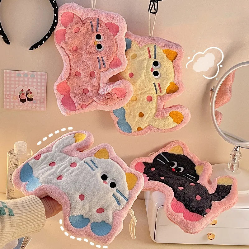 Cartoon Kitty Hand Towel Bathroom Soft Water-absorbing Towel Coral Fleece Handkerchief Hanging Kitchen Washing Hand Cloth Rag