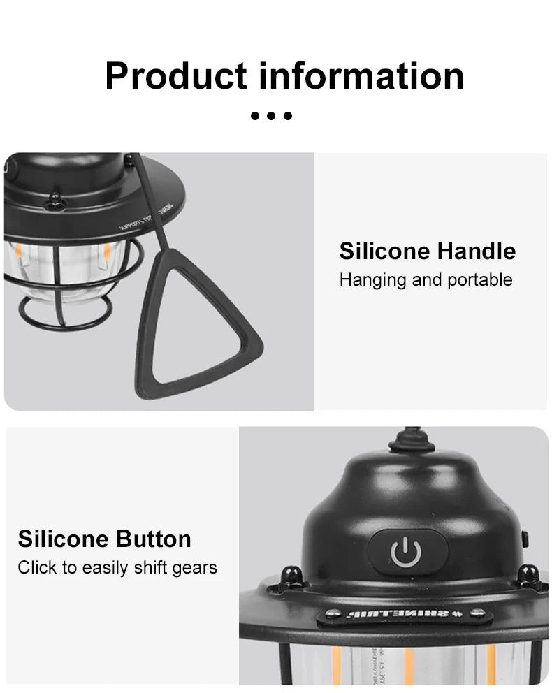 Portable Camping Lanterns Retro Hanging Tent Lamp Waterproof Dimmable Camping Light 1200mAh for Hiking Fishing Emergency Lantern