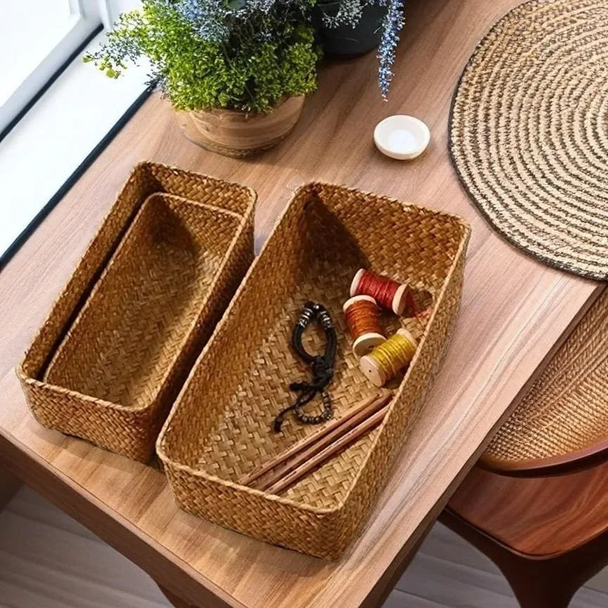 Bathroom Storage Basket Home Storage Basket Box Grass Woven Rectangular Storage Container Sundries Kitchen Drawer Organizer