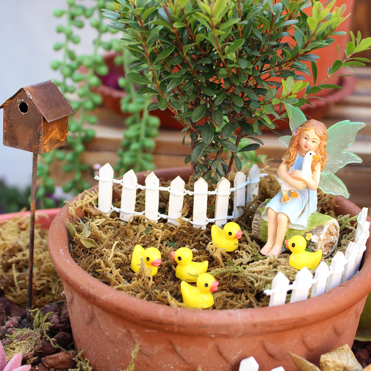 1 set of flower fairy holding duck landscape, outdoor fairy tale mini garden decoration handicraft flower pot accessories, fairy