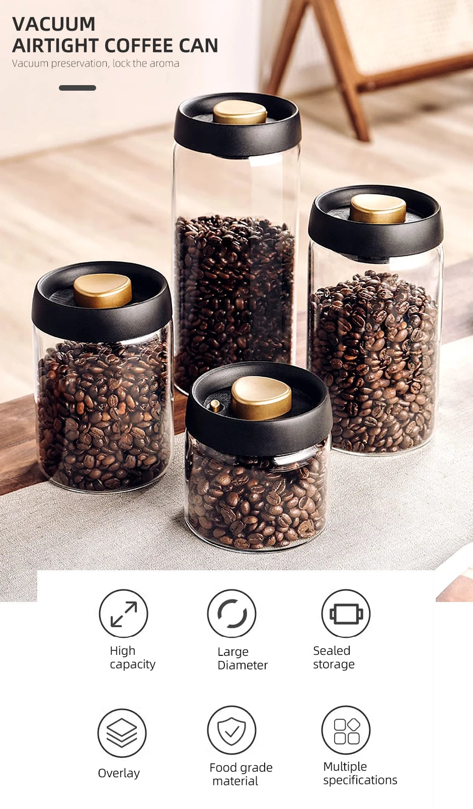 Vacuum Sealed Jar Coffee Bean Storage Bottle Kitchen Food Grain Tea Glass Jar Fresh Storage Jar Kitchen Accessories