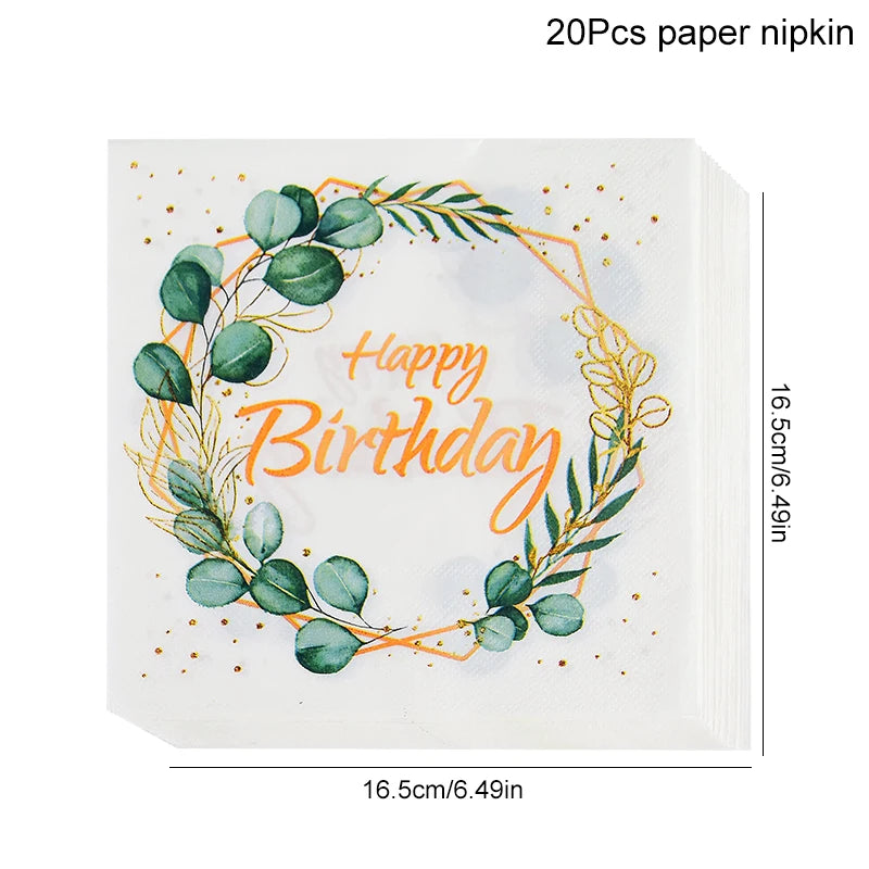 Green Eucalyptus Leaf Disposable Tableware Set Paper Plate Cup Napkin Kids Adult Birthday Supplies Hawaiian Summer Party Decor