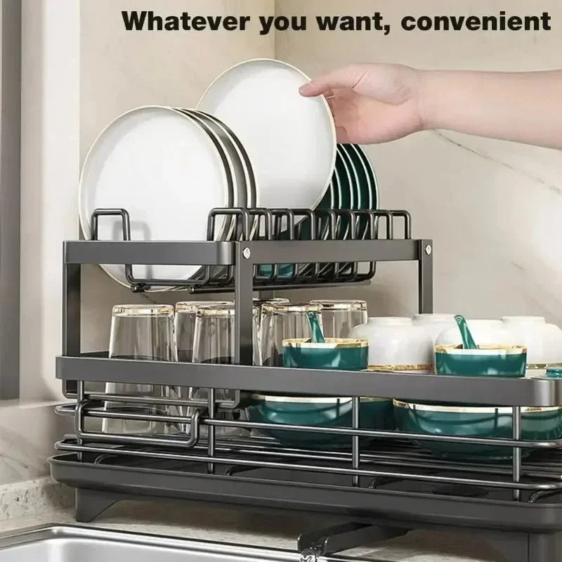 Adjustable Dish Drying Rack & Drainboard Organizer for Kitchen Plates