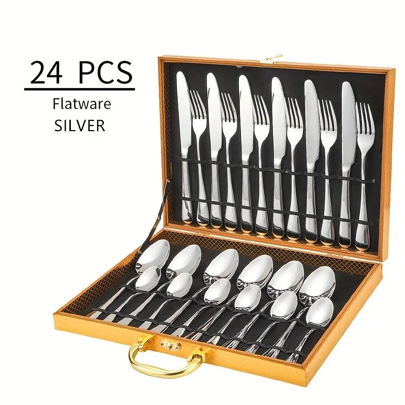 24pcs Elegant Stainless Steel Black Flatware Set, Classic Knife, Fork Spoon Gift Set Mirror Polish Gold Cutlery Dishwasher Saf