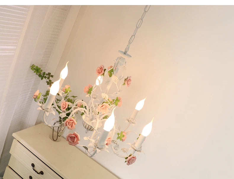 Rural Bedroom Chandelier French Living Room Children's Room Iron Flowers Plants Warm American Retro Fresh Ceramic Pendant Lamps