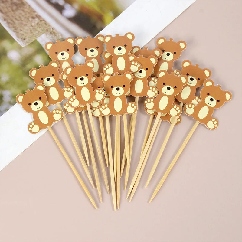 20Pcs Cute Bear Disposable Bamboo Food Pick Baby Shower Santa Dessert Fruit Salad Toothpick Birthday Party Decoration Supplies