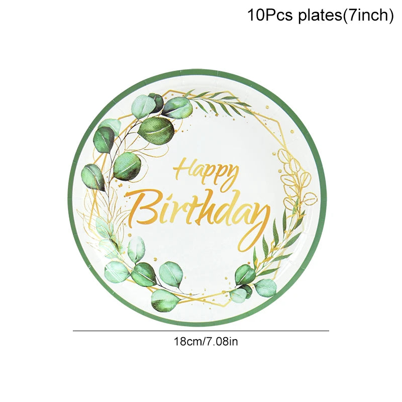 Green Eucalyptus Leaf Disposable Tableware Set Paper Plate Cup Napkin Kids Adult Birthday Supplies Hawaiian Summer Party Decor