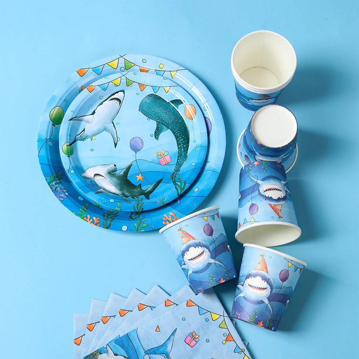 Shark Party Disposable Tableware Set Plates Cups Ocean Shark Birthday Party Decor Kids Boy Baby Shower Party Decor Supplies