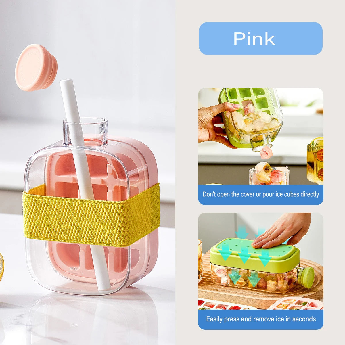 Portable Ice making Mold Ice Cube Tray With Lid and Straw Drinking Cup Silicone Freezer Ice Zero-contact Pressure Ice Cube Mold