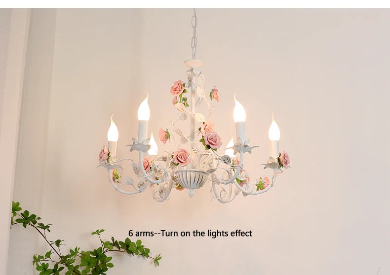 Rural Bedroom Chandelier French Living Room Children's Room Iron Flowers Plants Warm American Retro Fresh Ceramic Pendant Lamps
