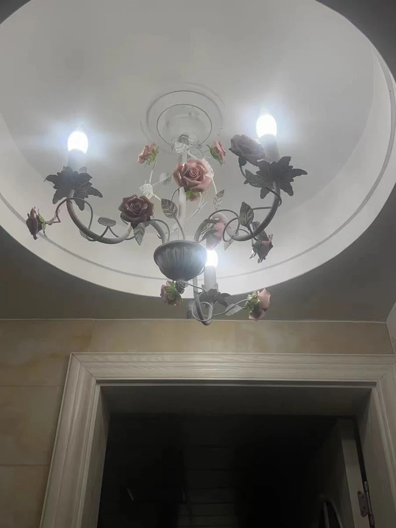 Rural Bedroom Chandelier French Living Room Children's Room Iron Flowers Plants Warm American Retro Fresh Ceramic Pendant Lamps