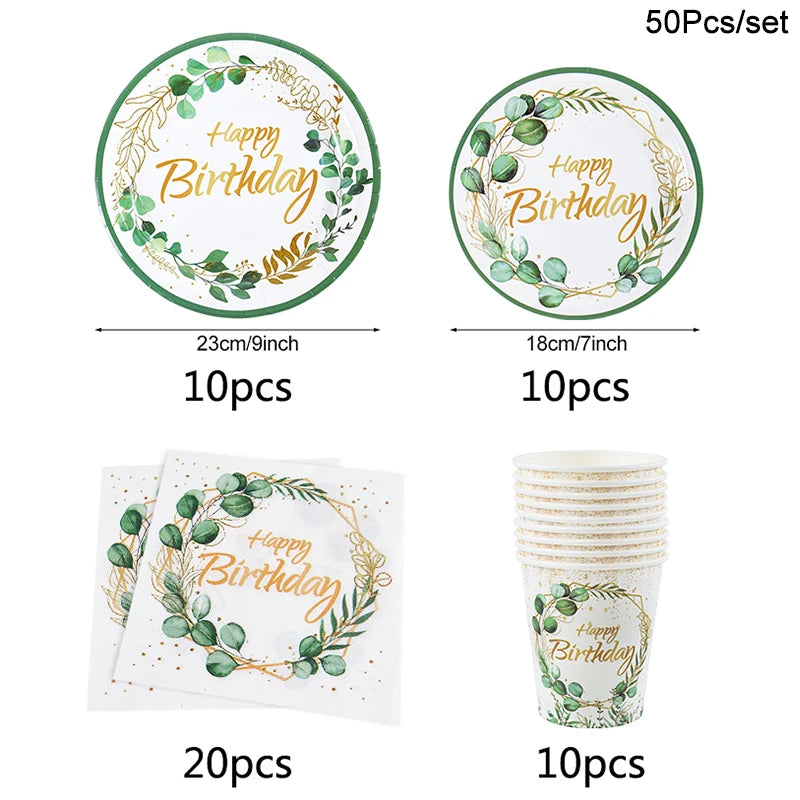 Green Eucalyptus Leaf Disposable Tableware Set Paper Plate Cup Napkin Kids Adult Birthday Supplies Hawaiian Summer Party Decor