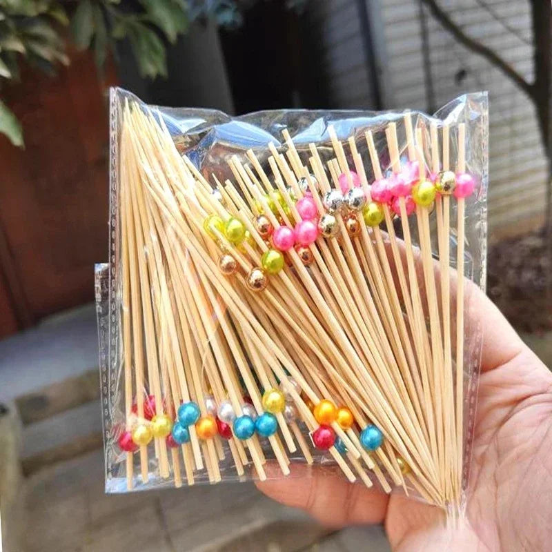 100pcs 12cm Gold Beads Bamboo Fruit Sticks Fruit Salad Snack Fork Cocktail Decor Cake Buffet Toothpicks Party Tableware Supplies