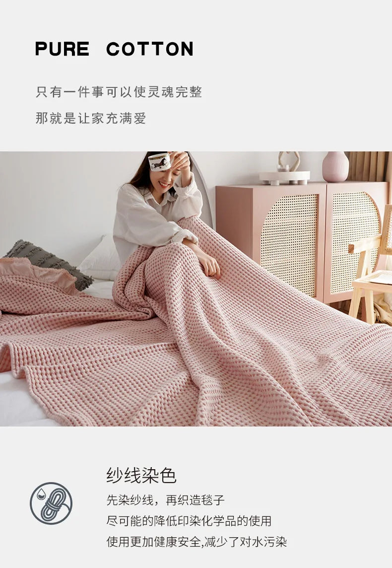 100% Cotton Soft Bed Plaid Home Japenese Knitted Blanket Corn Grain Waffle Embossed Summer Ruffles Warm Plaid Throw Bedspread