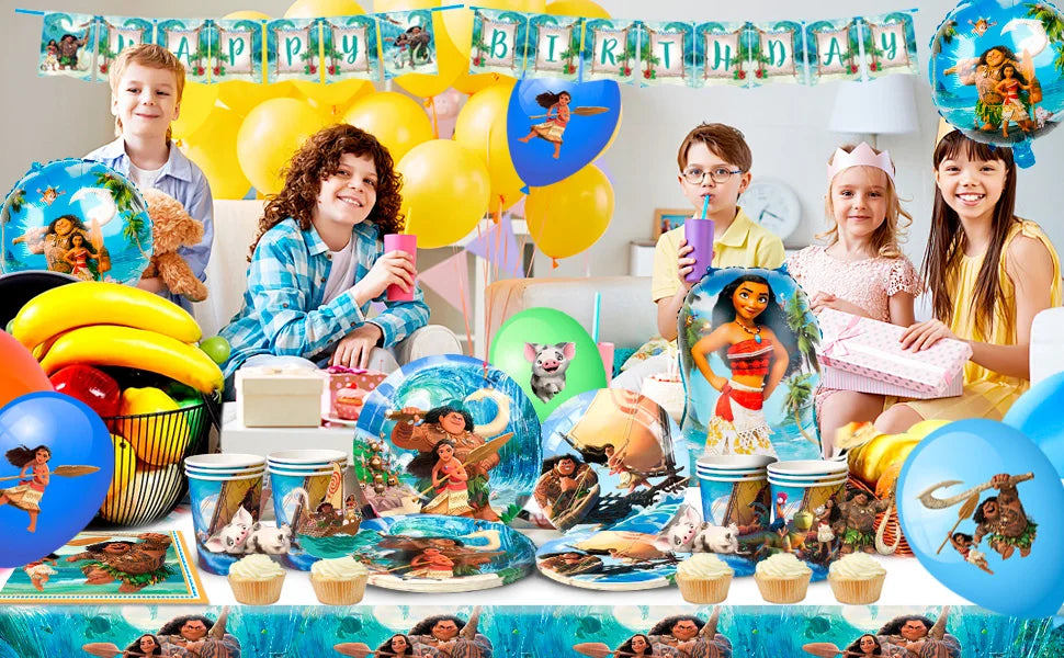 Moana Birthday Party Supplies,85pcs Decorations and Tableware Set-Moana Plates and Napkins Cups Table Cloth Banner Backdrop etc