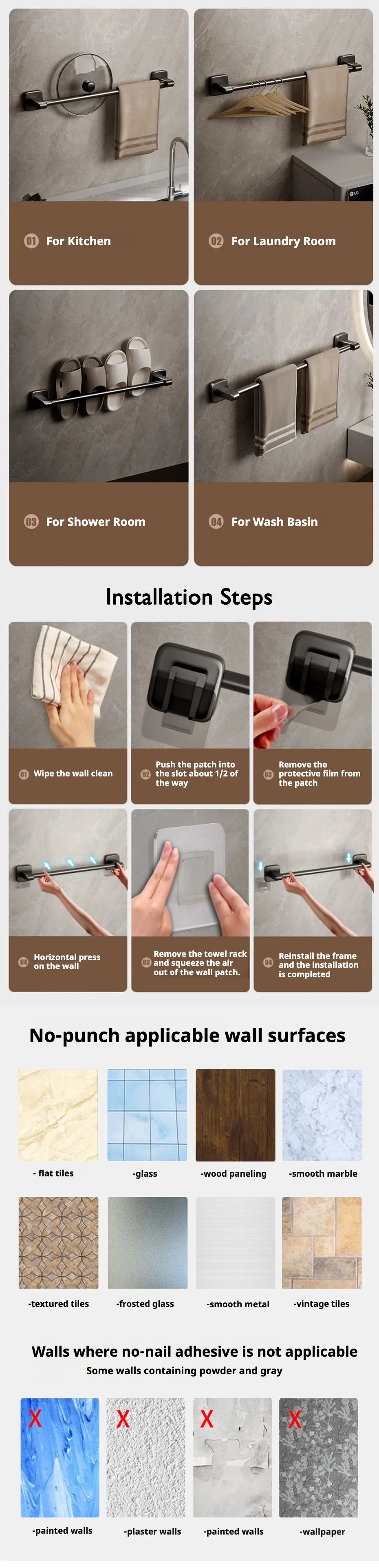 Self-Adhesive Bathroom Towel Rack Holder without Drilling Kitchen Cabinet Dishcloth Rack Black Aluminum Hand Towel Hanger Rod