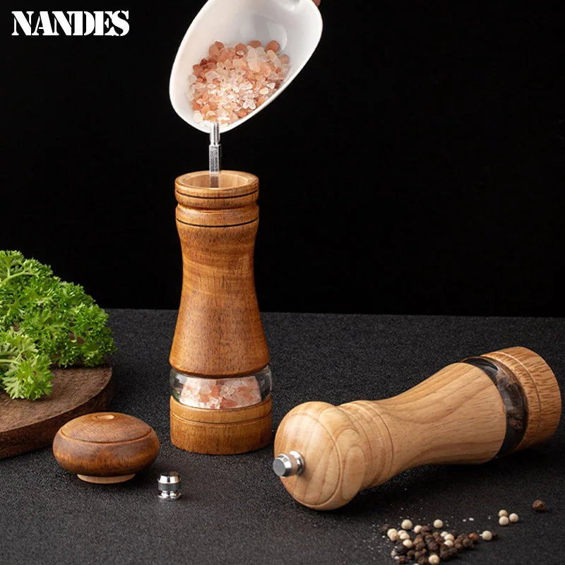 6-inch Manual Pepper Grinder Rubber Wood Acrylic Salt Shakers Adjustable Ceramic Rotor-Refillable Oak Spice Salt Grinding Bottle