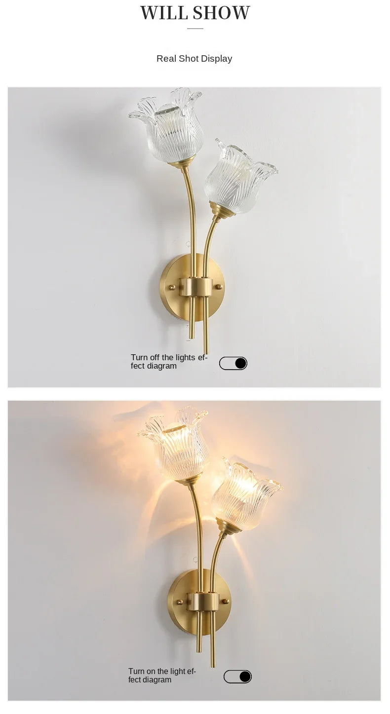 Bedroom headboard  lamp all copper American retro designer flower cream wind wall light room decor