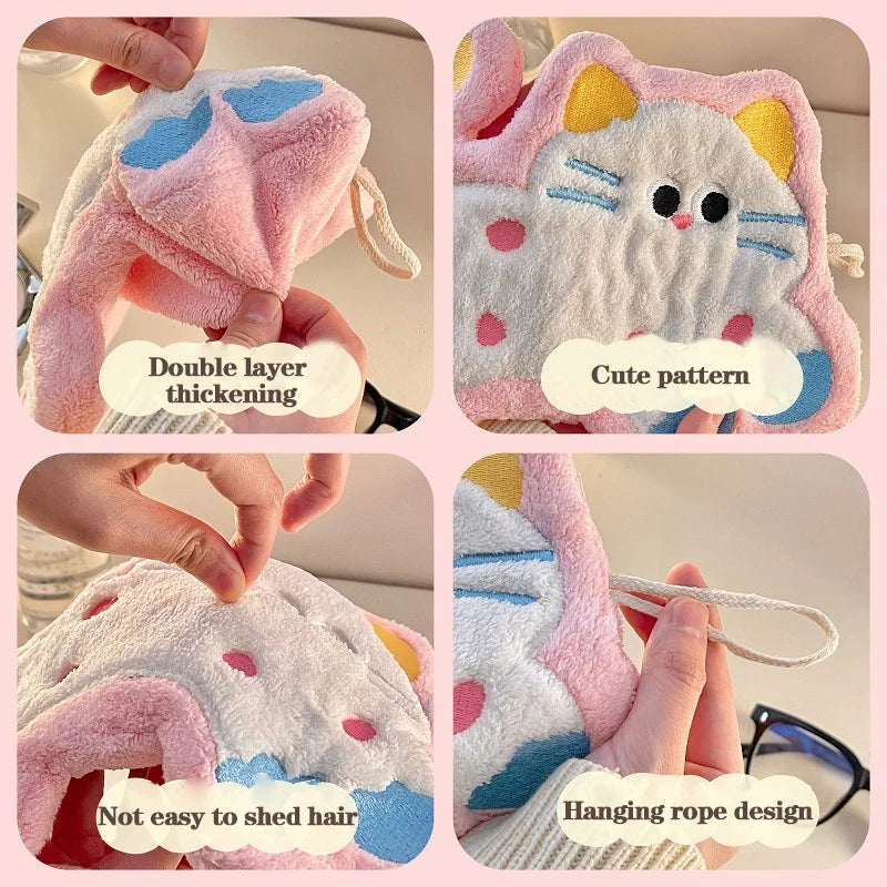 Cartoon Kitty Hand Towel Bathroom Soft Water-absorbing Towel Coral Fleece Handkerchief Hanging Kitchen Washing Hand Cloth Rag