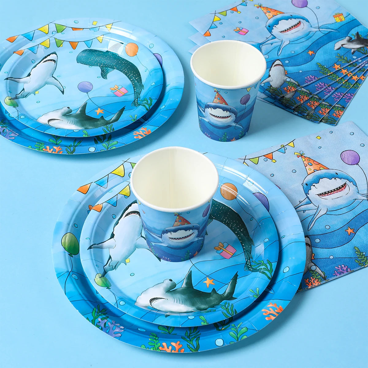 Shark Party Disposable Tableware Set Plates Cups Ocean Shark Birthday Party Decor Kids Boy Baby Shower Party Decor Supplies