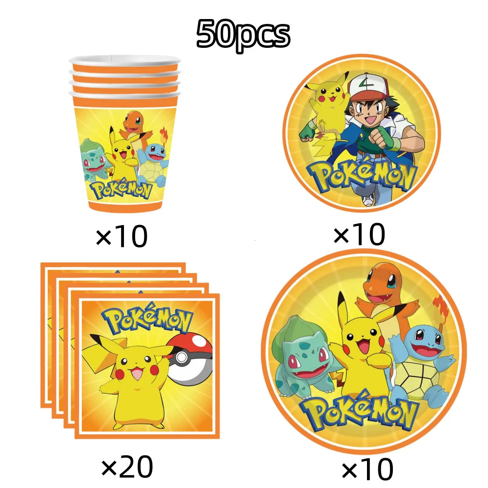 Pokemon Birthday Party Decoration Pikachu Tableware Set Tablecloth Cup Plate Napkin Balloons for Kids Party Supplies Baby Shower