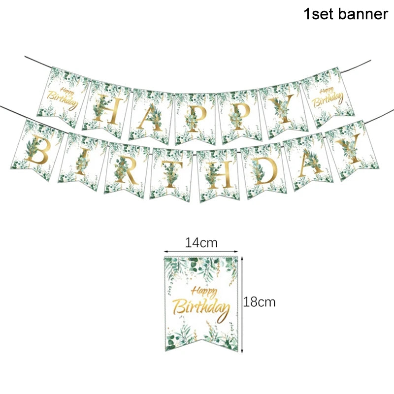 Green Eucalyptus Leaf Disposable Tableware Set Paper Plate Cup Napkin Kids Adult Birthday Supplies Hawaiian Summer Party Decor