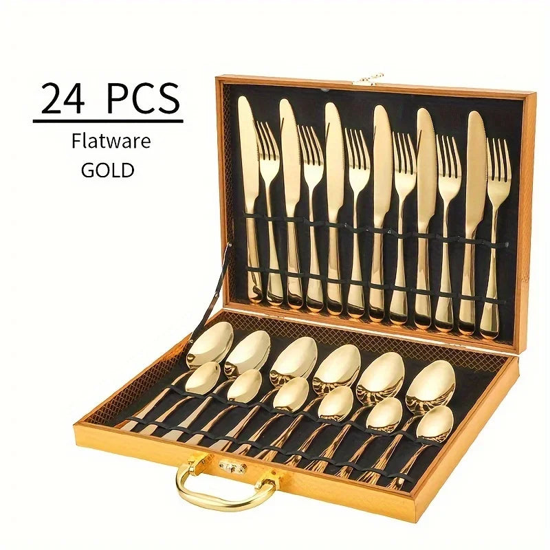 24pcs Elegant Stainless Steel Black Flatware Set, Classic Knife, Fork Spoon Gift Set Mirror Polish Gold Cutlery Dishwasher Saf