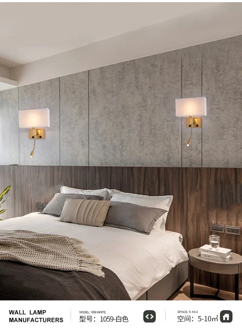 Modern Bedroom Bedside Hotel Wall Lamp Decoration Fabric Sconce Lights Reading Lighting Spotlight Simple Cotton Luminaire Indoor