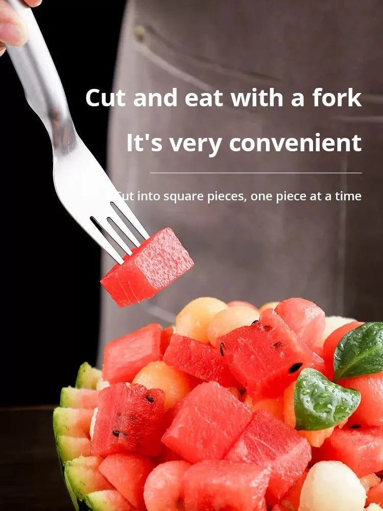 2 In 1 Multi-Purpose Portable Watermelon Slicer Cutter Knife Stainless Steel Kitchen Fruit Cutting Fork