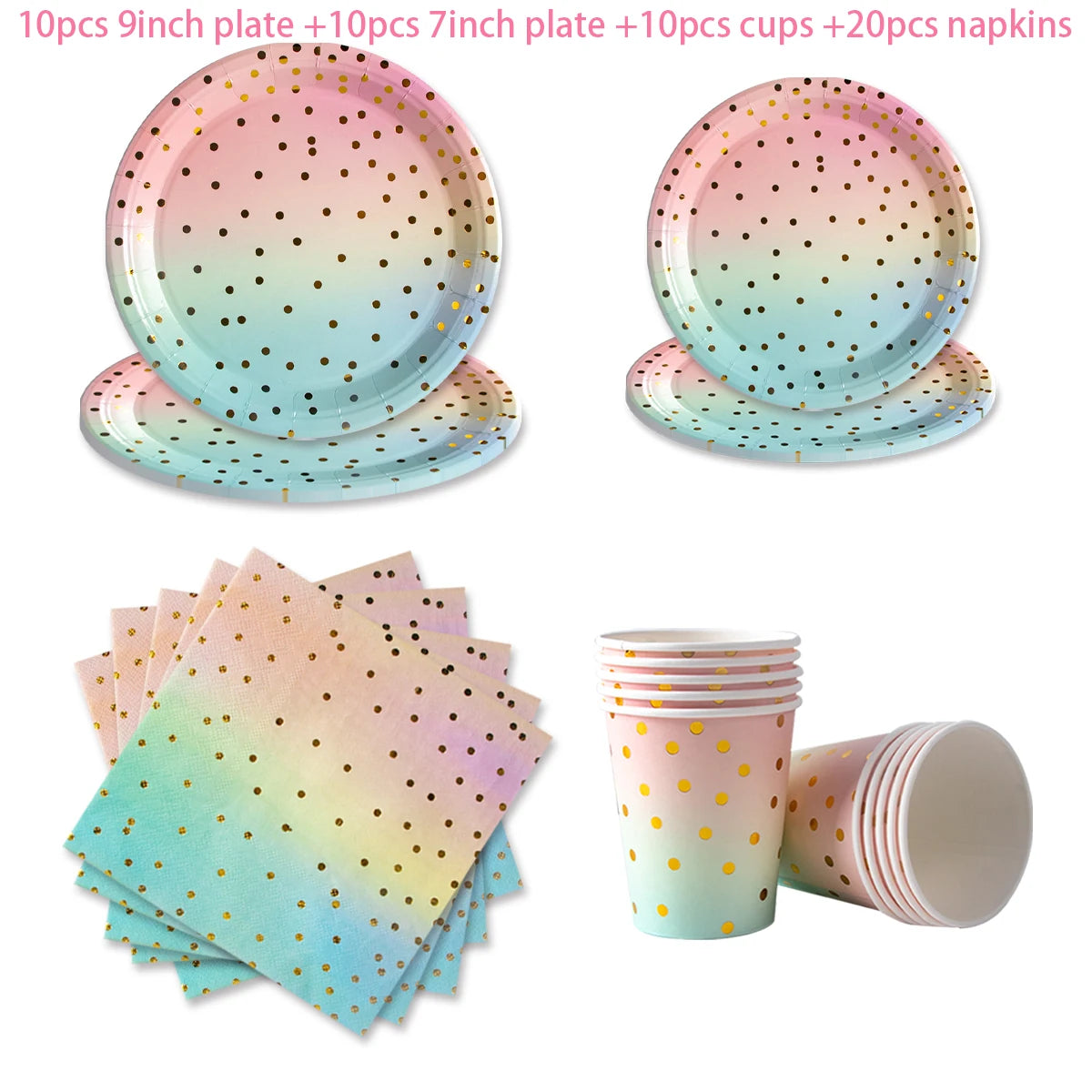 Rainbow Pastel Disposable Tableware Set Gold Glitter Happy Birthday Pattern Paper Plate Cup Napkins for Birthday Party Supplies