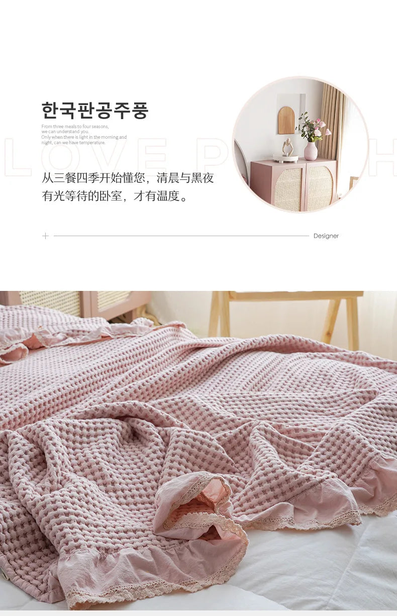 100% Cotton Soft Bed Plaid Home Japenese Knitted Blanket Corn Grain Waffle Embossed Summer Ruffles Warm Plaid Throw Bedspread