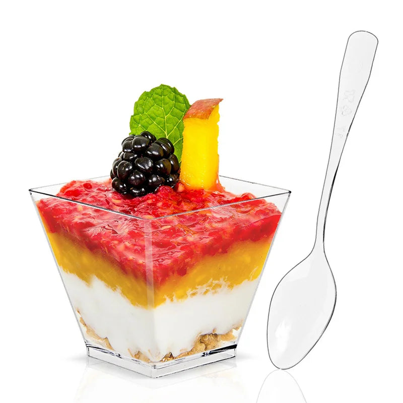 Disposable Tableware Set Dessert Cups Spoons Set Jelly Smoothie Mousse Fruit Cube Pudding Cup Party PS Dessert Suit Cups