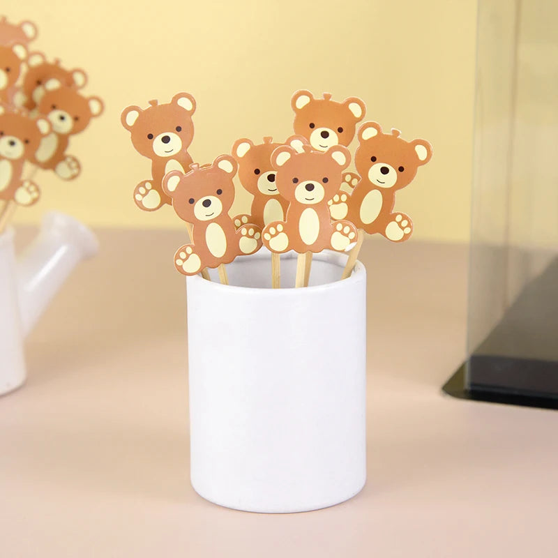 20Pcs Cute Bear Disposable Bamboo Food Pick Baby Shower Santa Dessert Fruit Salad Toothpick Birthday Party Decoration Supplies