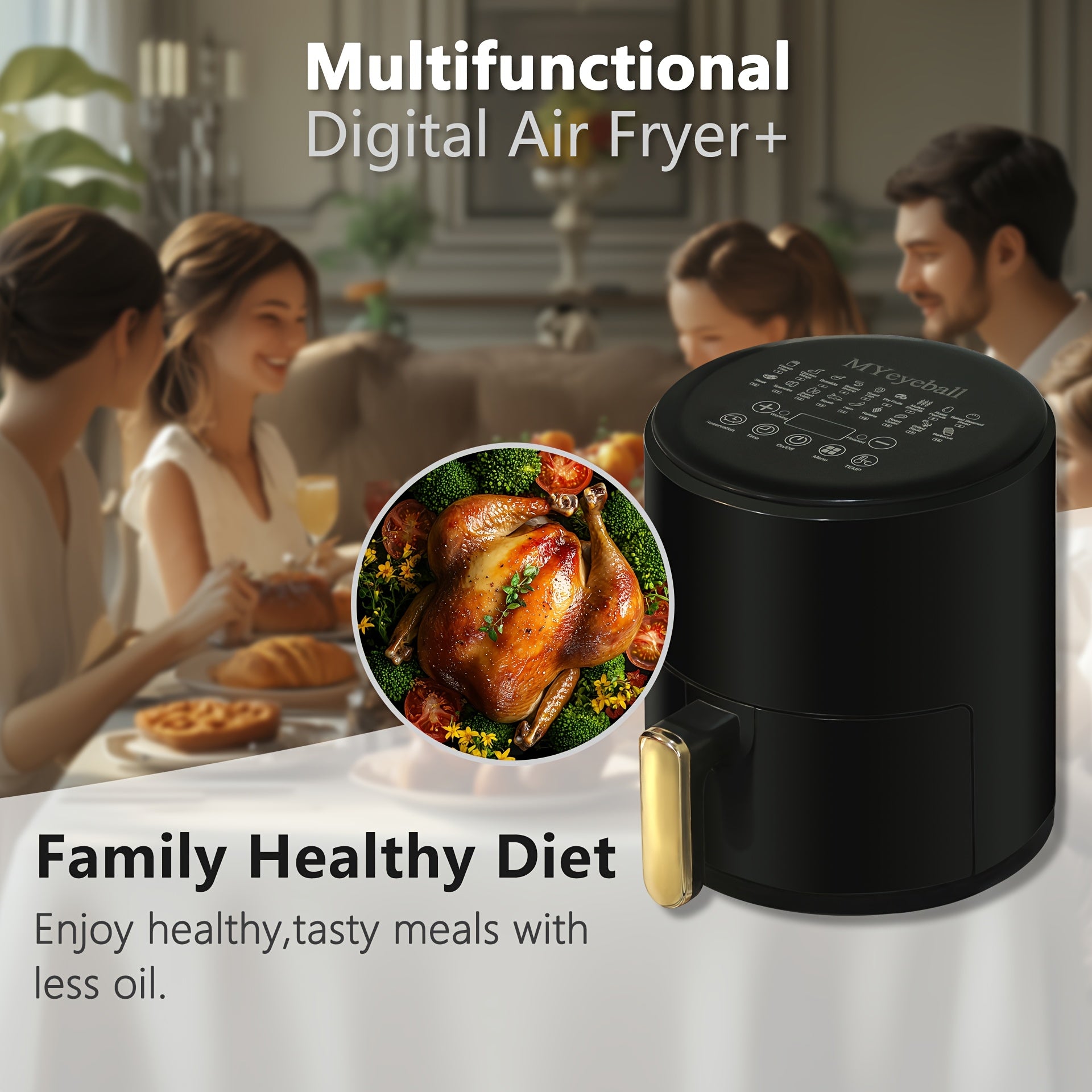 Air Fryer 6.5QT, Smart Home Visual Touch Screen Electric Fryer Oil-free Multifunctional Potato Chip Oven Crispy Skin, Baking, Reheating, Baking Fast and Easy To Eat White&black