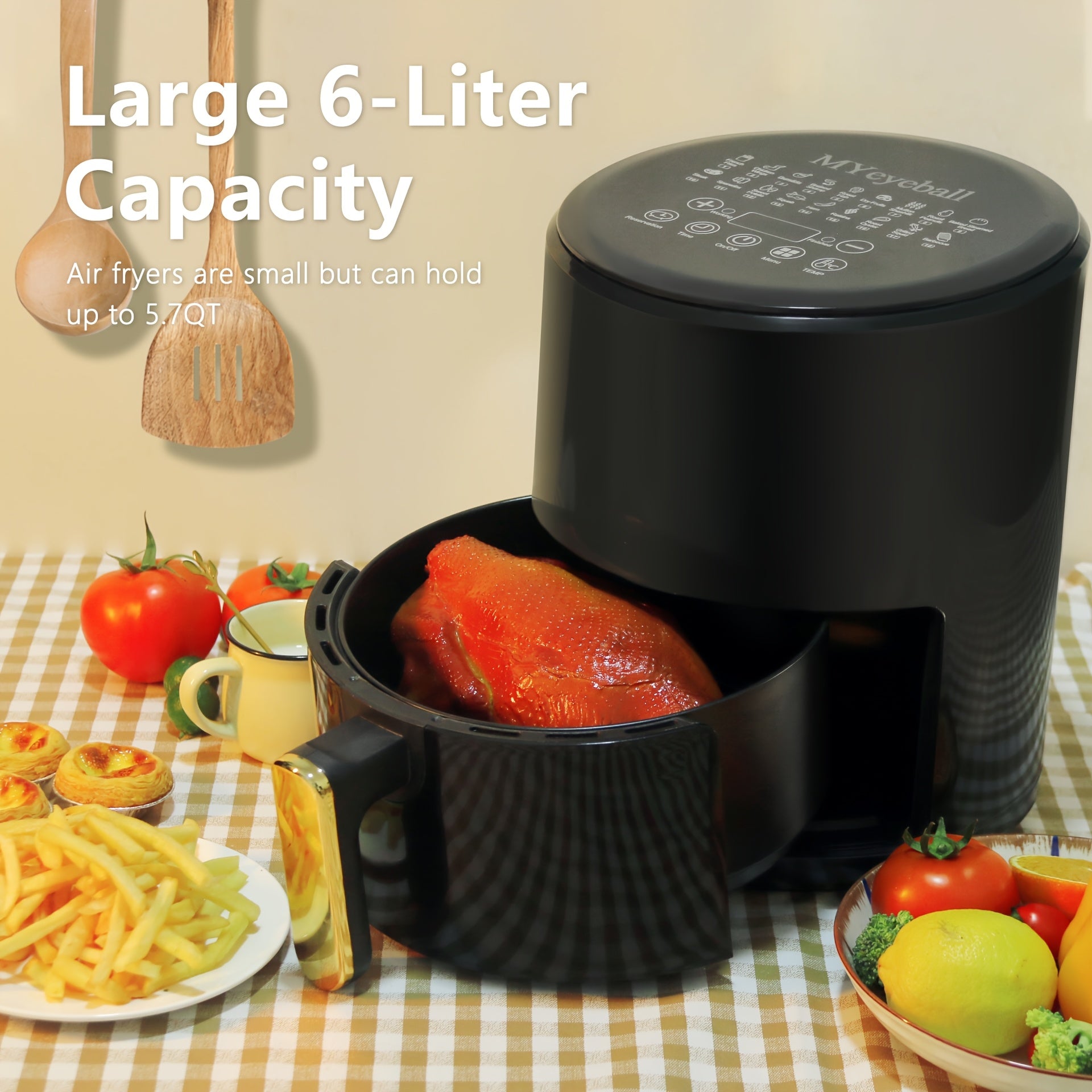 Air Fryer 6.5QT, Smart Home Visual Touch Screen Electric Fryer Oil-free Multifunctional Potato Chip Oven Crispy Skin, Baking, Reheating, Baking Fast and Easy To Eat White&black