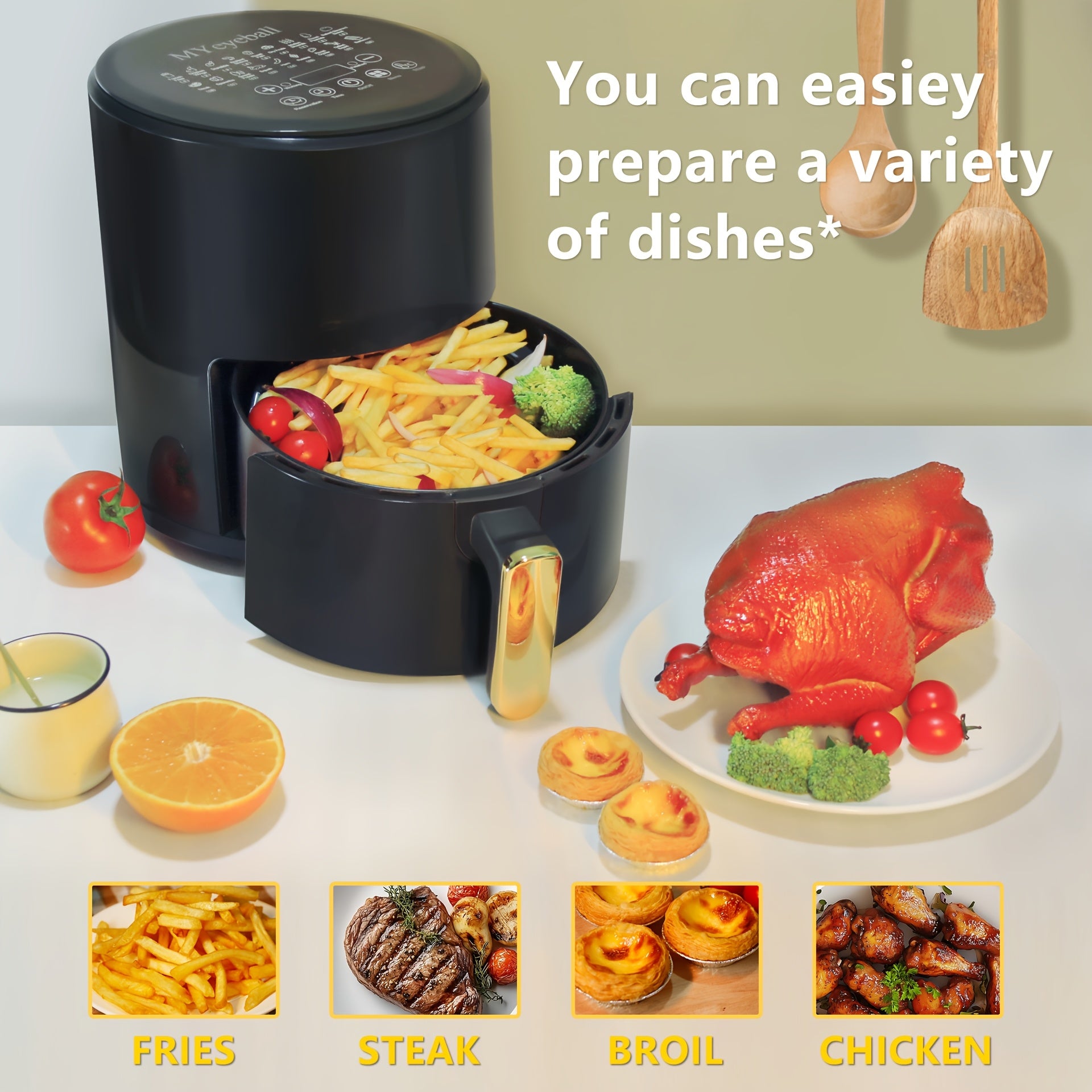 Air Fryer 6.5QT, Smart Home Visual Touch Screen Electric Fryer Oil-free Multifunctional Potato Chip Oven Crispy Skin, Baking, Reheating, Baking Fast and Easy To Eat White&black