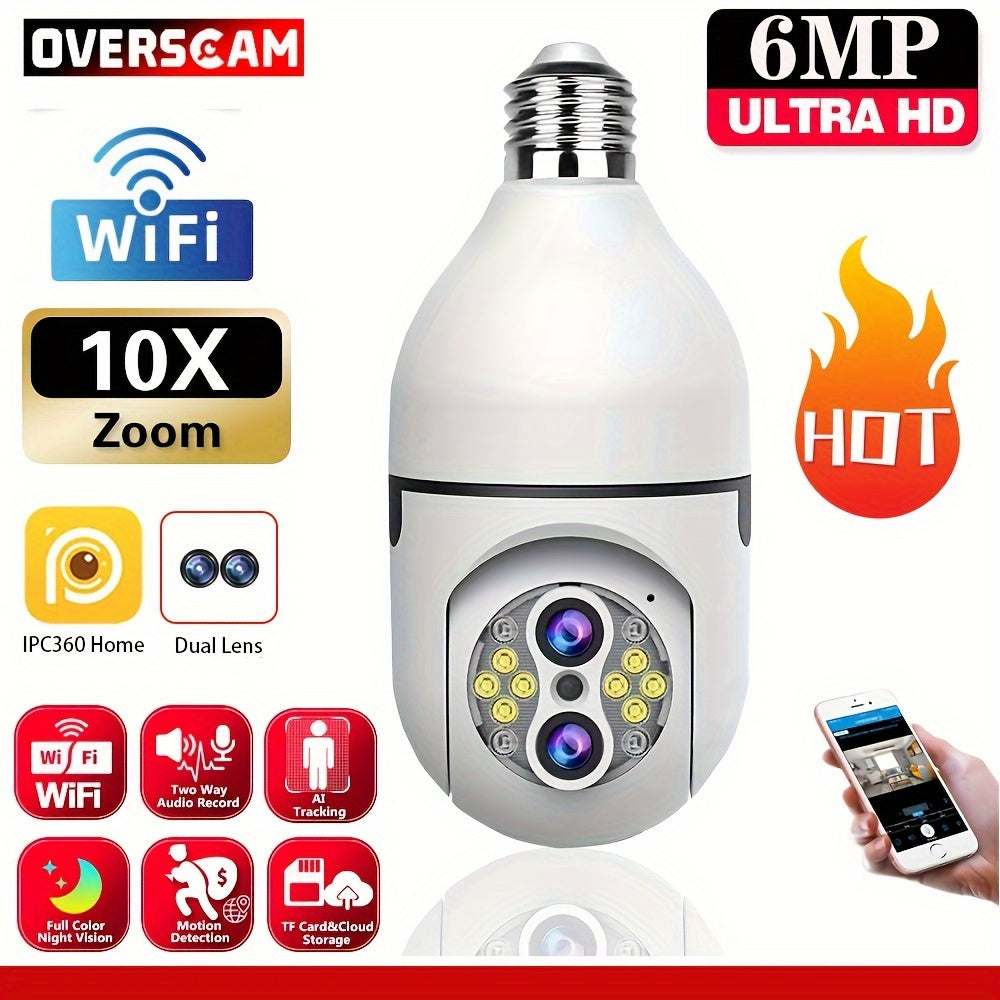 Overscam 6MP 10X Zoom Light Bulb Security WIFI Camera, Wireless Security Camera, Double Lens Mini 355° PTZ Panoramic Smart Home IP Camera, E27 Light Socket Camera 2.4g Full Color Night Vision, Baby Pet Monitor, Two Way Audio